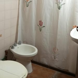 a bathroom with a toilet and a sink and a shower curtain at Cabañas Del Alto in Villa Giardino