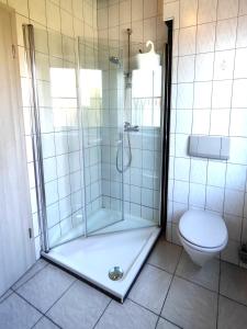 a bathroom with a shower and a toilet at Ferienhaus kleiner Leuchtturm - Steuerbord Fehmarn Kopendorf - mit Garten und Terrasse in Fehmarn +23 photos