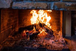 a fire in a brick oven with meat in it at Venieri's Stone Villa in Tsagarada +44 photos