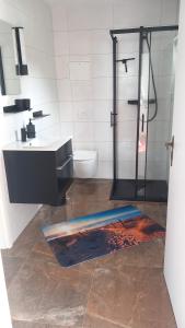 a bathroom with a shower and a sink at Ferienwohnung Gartenblick in Altefähr