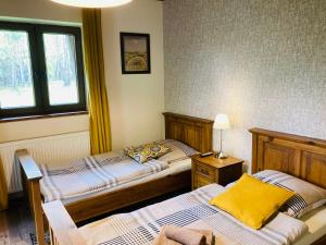 Postel nebo postele na pokoji v ubytování Modryna - Modrzewiowy Dom