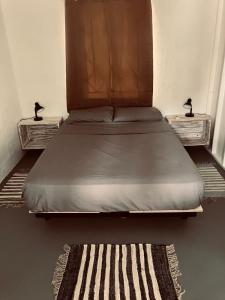 ein Bett in einem Zimmer mit zwei Nachttischen und einem Teppich in der Unterkunft Lakaz Kokas in Pereybere