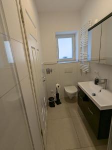 a white bathroom with a toilet and a sink at Ferienwohnung "EDDI" in Hohnstein +14 photos