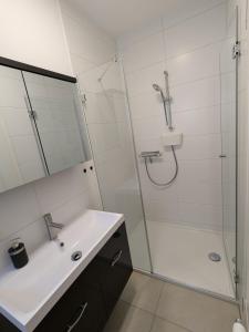 a white bathroom with a shower and a sink at Ferienwohnung "EDDI" in Hohnstein