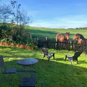 three chairs and a table and two horses behind a fence at Solapetxea Habitación con Sauna in Elosu +6 photos