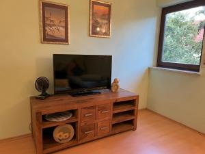 a flat screen tv sitting on top of a wooden entertainment center at Turmfalke in Germaringen