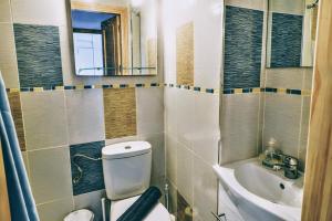 a bathroom with a toilet and a sink and a mirror at Mijas Pueblo, 3 terraces & pool with sea view in Mijas +18 photos