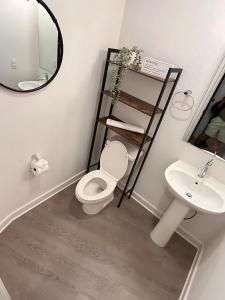 a bathroom with a toilet and a sink and a mirror at Stylish Home Perfect for Your Stay in Leander