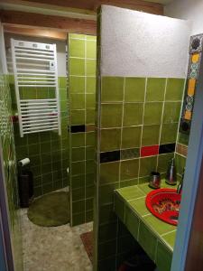 a green tiled bathroom with a sink and a shower at Les MIMOSAS Gîte du Mas Haut in Saint-Jean-du-Gard