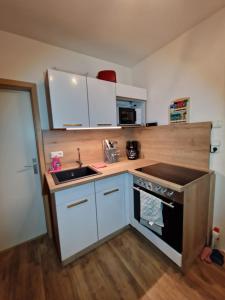 a small kitchen with a sink and a stove at Suite del Pueblo in Weiden