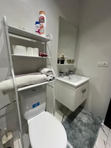 a bathroom with a white toilet and a sink at Magnificent Cozy New Luxury Condo in Prime Casablanca Location in Les Camps +59 photos