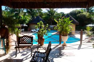 un patio con 2 sillas y una piscina en Pousada Império do Sol, en Pipa