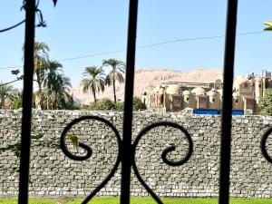 a gate with a stone wall and palm trees at Sunset Haven Guesthouse in Luxor