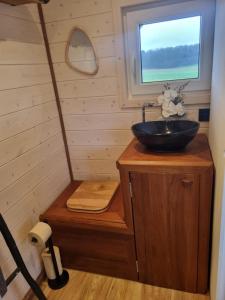 ein Badezimmer mit Waschbecken und Fenster in der Unterkunft Tiny housse serenity avec jacuzzi in Tinlot