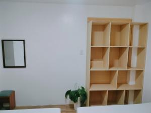 a book shelf in a room with a plant at Family Suite 4-6 Pax GLENMARK'S Homestay near the beach in Pagudpud