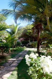 a pathway with palm trees and white flowers at Pousada Império do Sol in Pipa