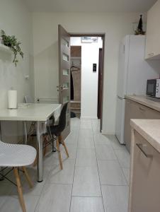eine Küche mit Tisch und Stühlen und einem Kühlschrank in der Unterkunft Apartament Ultimul Leu in Galaţi + 4 Fotos