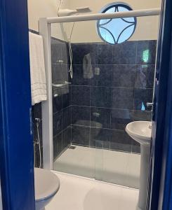 ein Badezimmer mit Dusche, Toilette und Waschbecken in der Unterkunft Casa no Chafariz in Tiradentes + 27 Fotos