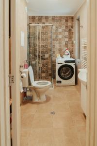 a bathroom with a toilet and a shower with a stove at Apartment Aria 2 in Velingrad