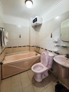 a bathroom with a pink toilet and a tub and a sink at Suoi Bac Hotel Tam Dao in Tam Ðảo