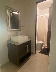 a bathroom with a sink and a mirror and a toilet at Departamento en zona diamante Acapulco in Acapulco