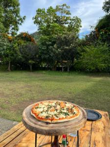 a pizza sitting on top of a wooden table at Los Cruxes in Tepoztlán