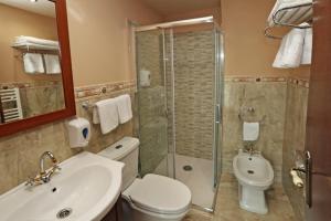 a bathroom with a sink toilet and a shower at Apartamentos Villa Sofía in San Vicente de la Barquera