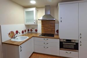 a kitchen with a sink and a stove at Apartamentos Villa Sofía in San Vicente de la Barquera