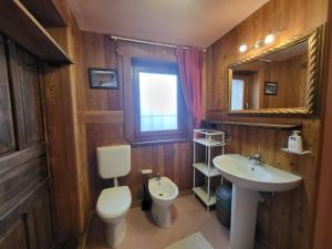 a bathroom with a toilet and a sink and a mirror at La Comba - Les Fleurs in Cerise