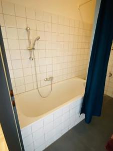a bathroom with a bath tub with a blue shower curtain at Wohnung im Zentrum, innenhofseitig in Graz