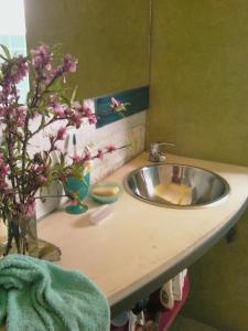 a bathroom sink with a vase of flowers on it at Mirador del Talita in Alpa Corral