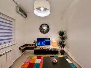ベオグラードにあるPlavi zec apartman Zemunのリビングルーム(テレビ、カラフルなラグ付)
