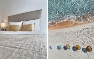 Un dormitorio con una cama y una foto de la playa. en Beautiful penthouse apartment with three large double bedrooms in Casares Costa, en Buenas Noches 31 fotos más