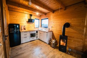 a kitchen with wooden walls and a stove at Nad brzozowym stawem in Kościerzyna