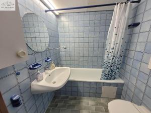 陶普利茨Apartment Grimmingsuite的配有水槽和马桶的蓝色瓷砖浴室