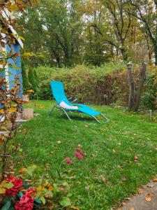 a blue chair sitting in the grass in a yard at Hillhouse - Ferienhaus mit Sauna in Extertal