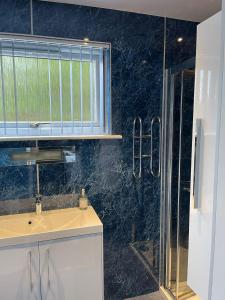 Un baño con lavabo y ducha de cristal. en Runnymede House, en Inverness