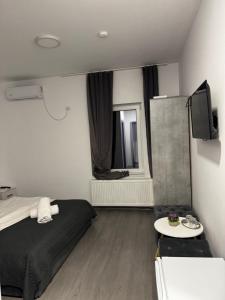 a small room with a bed and a television at Pensiunea Rodica in Nădlac