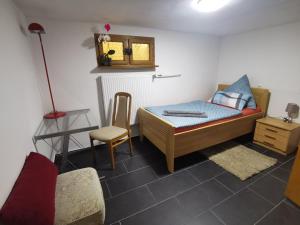 a small bedroom with a bed and a chair at Monteurwohnung Biedenkopf in Biedenkopf