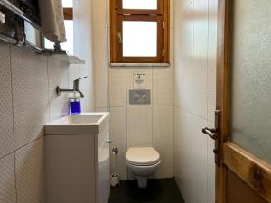 une petite salle de bain avec toilettes et lavabo dans l'établissement Waterfront Villa by the Tram - Private Terrace with Dome & Golden Horn View in Fatih, à Istanbul 156 autres photos