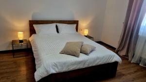 a bedroom with a large bed with two pillows on it at Denisa in Limanu
