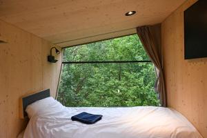 a bed in a room with a large window at Green Tiny Village Harz - Sleep Space 32 in Osterode