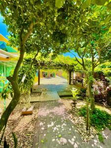 a garden with a tree and a walk way at Nona Amabile in São Lourenço do Sul