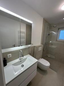 a bathroom with a sink and a toilet and a mirror at ARGENTA Living 129 in Künzell +35 photos