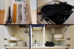 a kitchen with utensils and pans on a shelf at Hostel In Kyoto Gion - Vacation STAY 13400v in Gionmachi