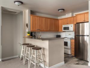 eine Küche mit Holzschränken und Geräten aus Edelstahl in der Unterkunft Ski In Out view on Mont-Blanc hills - Le Loup in Saint-Faustin