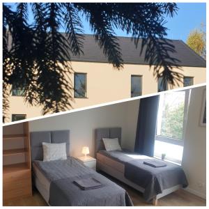 sypialnia z dwoma łóżkami przed budynkiem w obiekcie White Room Wrocław przy Wyspie Opatowickiej we Wrocławiu
