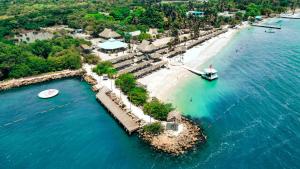 an aerial view of a beach with a boat in the water at Fenix Beach Cartagena in Tierra Bomba