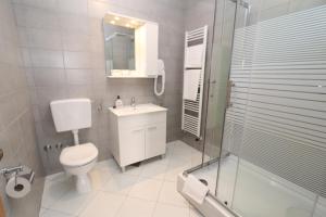 a bathroom with a toilet and a sink and a shower at Pansion Comfort Sidro in Novalja