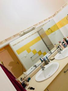 a bathroom with two sinks and a large mirror at Hostel Toucan Coliving Les rives du mahury in Dégrad des Cannes +21 photos